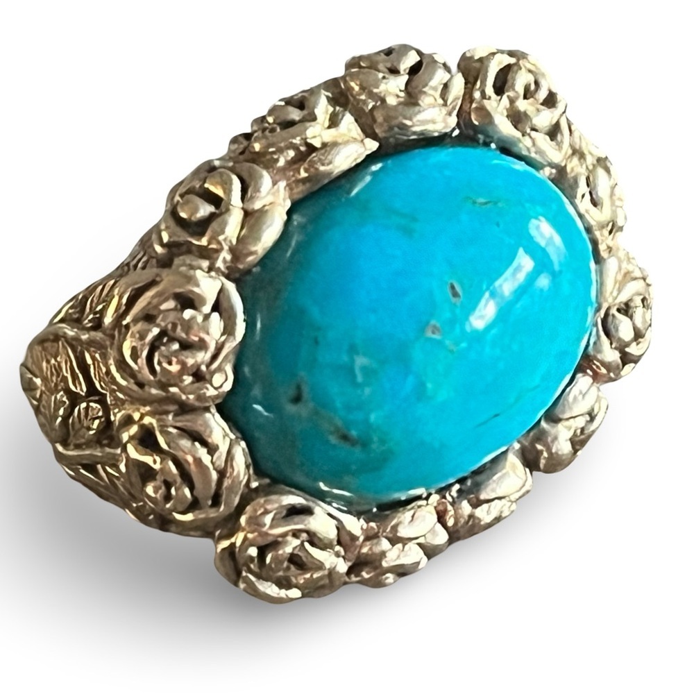 Vintage Gold Over Sterling Silver Turquoise Rose and Stem Floral Ring Size 6.5